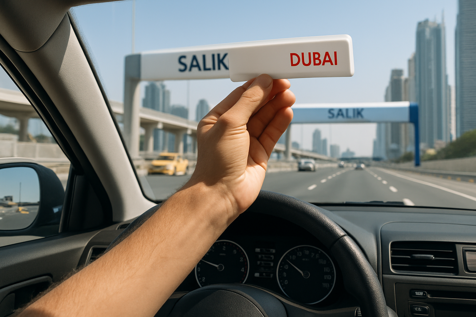 Driver using an electronic tag for Dubai toll roads